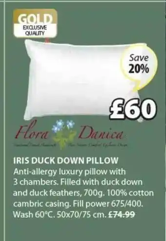 JYSK Iris Duck Down Pillow 50x70-75 Cm Save 20% offer