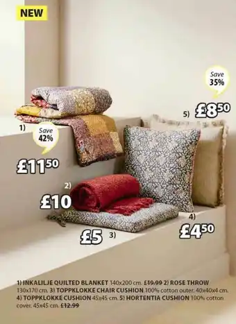 JYSK Inkalilje Quilted Blanket 140x200 Cm, Rose Throw 130x170 Cm, Toppklokke Chair Cushion 40x40x4 Cm, Toppklokke Cushion 45x45 Cm offer