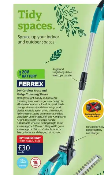 Aldi Ferrex 20V Cordless Grass And Hedge Trimming Shears offer