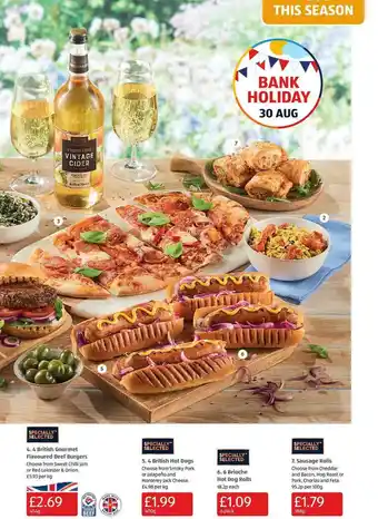 Aldi 4 British Gourmet Flavoured Beef Burgers, 4 British Hot Dogs, 6 Brioche Hot Dog Rolls Of Sausage Rolls offer