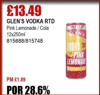 Bestway GLEN'S VODKA RTD Pink Lemonade / Cola 12x250ml offer