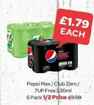 Spar Pepsi Max - Club Zero - 7UP Free 330ml 6 Pack offer