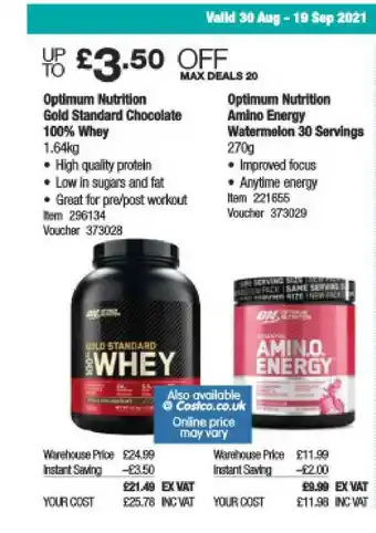 Costco Optimum Nutrition Gold Standrd Chocolate 100% Whey Optimum Nutrition Amino Energy Wmatermelon 30 Servings offer