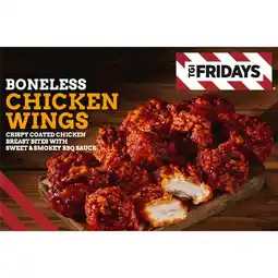 Iceland Tgi fridays boneless chicken wings crispy coated chicken breast bites with sweet & smokey bbq sauce 400g offer