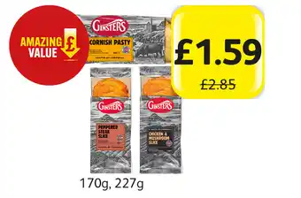 Londis Ginsters cornish pasty, peppered steak slice, chicken & mushroom slice offer