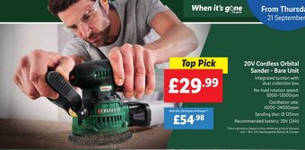 Lidl 20V Cordless Orbital Sander Bare Unit offer
