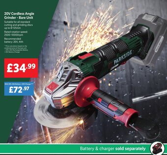 Lidl 20V Cordless Angle Grinder - Bare Unit With 20V, 4Ah Battery + 20V Charger offer