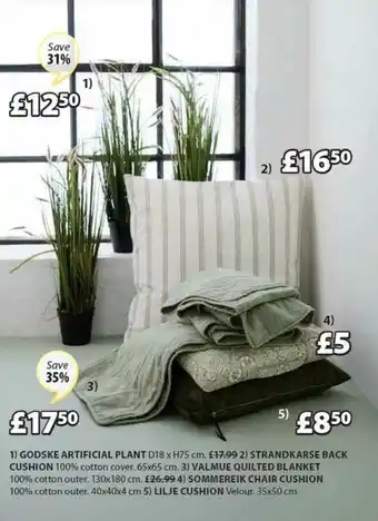 JYSK Godske Artificial Plant, Strandkarse Back Cushion, Valmue Quilted Blanket, Sommereik Chair Cushion Or Lilje Cushion offer