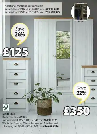 JYSK Markskel 5 Drawer Chest Or Wardrobe offer