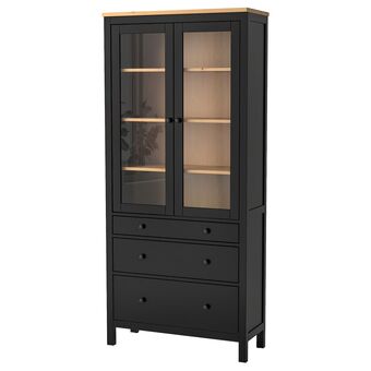 IKEA Hemnes glass-door cabinet with 3 drawers, black-brown/light brown, 90x197 cm offer