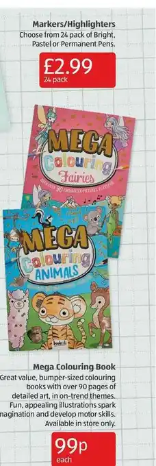 Aldi Markers-Highlighters Or Mege Colouring Book offer