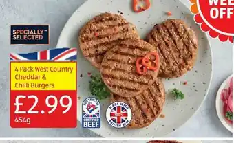 Aldi 4 Pack West Country Cheddar & Chilli Burgers offer