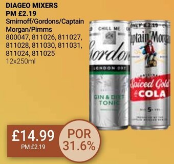 Bestway DIAGEO MIXERS Smirnoff/Gordons/Captain/Morgan/Pimms 12x250ml offer