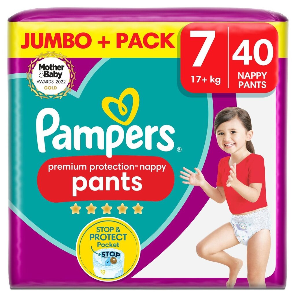 Pampers premium protection nappy pants size 7, 40 nappies jumbo+ pack ...