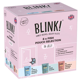 Asda Blink! wet cat food fish pouch selection in jelly 8x85g offer