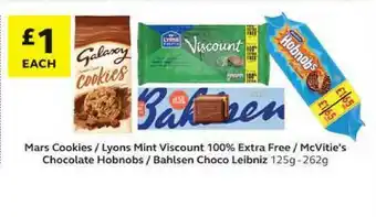 SuperValu Mars Cookies - Lyons Mint Viscount 100% Extra Free - McVitie's Chocolate Hobnobs - Bahlsen Choco Leibniz 125g - 262g offer