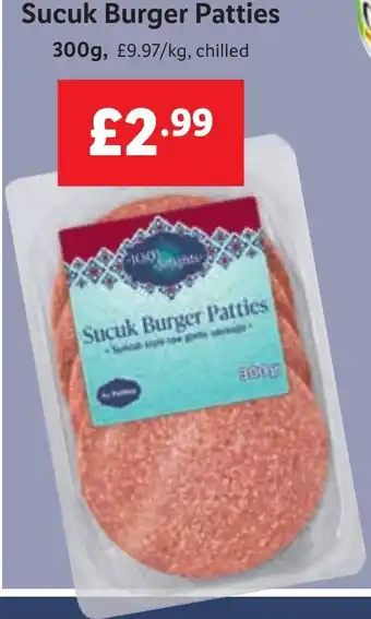 Lidl Sucuk Burger Patties Sucuk Burger Patties 300g, £9.97/kg, chilled offer