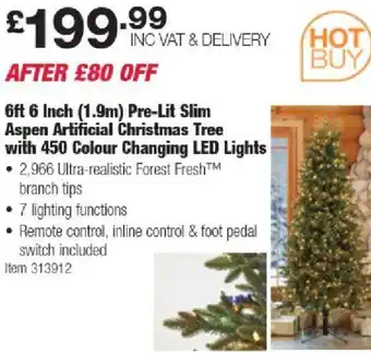 Costco 6ft 6 Inch (1.9m) Pre-Lit Slim Aspen Artificial Christmas Tree with 450 Colour Changing LED Lights offer