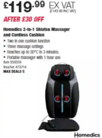 Costco Homedics 2-in-1 Shiatsu Massager and Cordless Cushion offer