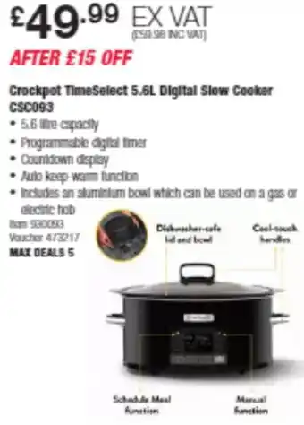 Costco Crockpot TimeSelect 5.6L Digital Slow Cooker CSC093 offer