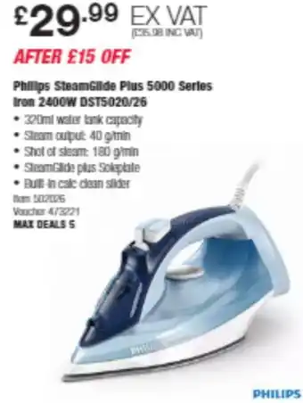 Costco Philips SteamGlide Plus 5000 Series Iron 2400W DST5020/26 offer