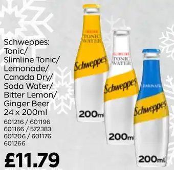Bestway Schweppes: Tonic/ Slimline Tonic/ Lemonade/ Canada Dry/ Soda Water/ Bitter Lemon/ Ginger Beer 24 x 200ml offer