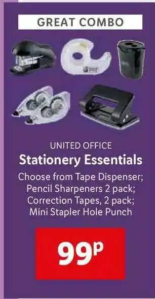 Lidl United Office Stationery Essentials : Tape Dispenser, Pencil Sharpeners, Correction Tapes And Mini Stapler Hole Punch offer