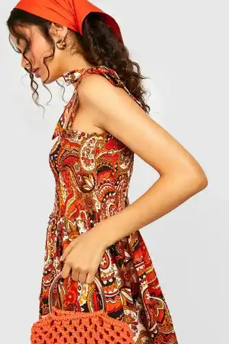 Boohoo Boohoo womens paisley tie strap shirred mini skater dress - 16, red offer