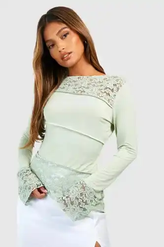 Boohoo Boohoo womens lace asymmetric hem top - green - 10, green offer