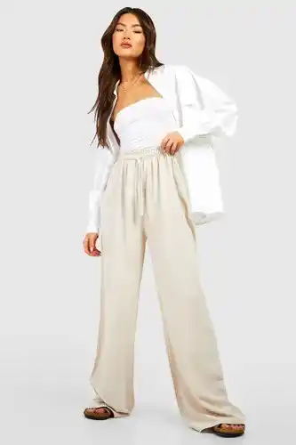 Boohoo Boohoo womens linen mix relaxed fit trousers - beige - 12, beige offer