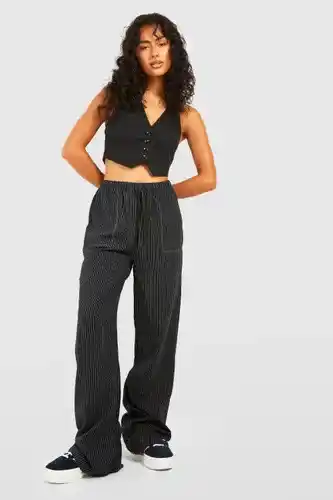Boohoo Boohoo womens drawcord striped wide leg trousers - black - 10, black offer