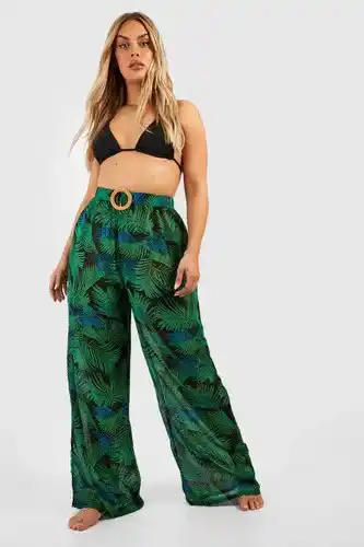 Boohoo Boohoo womens plus palm raffia buckle beach trousers - black - 28, black offer