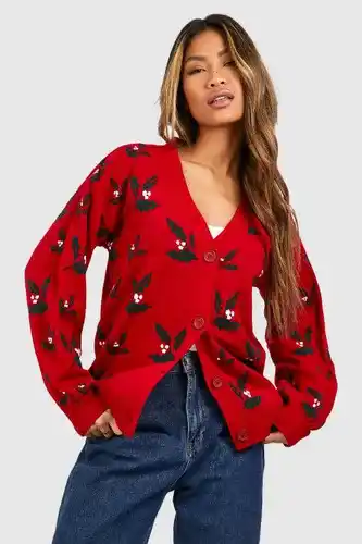 Boohoo Boohoo womens holly print christmas cardigan - red - s, red offer