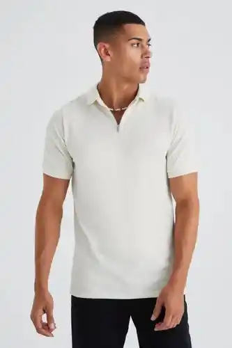 Boohoo Boohooman mens cream slim fit zip pique polo, cream offer