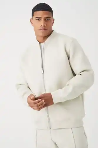 Boohoo Boohooman mens beige bonded scuba bomber jacket & jogger, beige offer