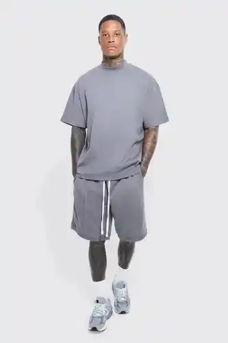 Boohoo Boohooman mens grey oversized t-shirt & dropped crotch short set, grey offer