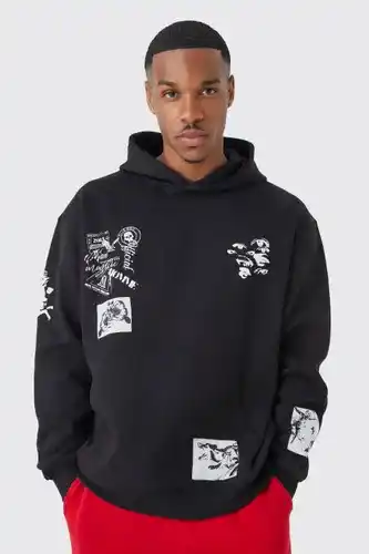 Boohoo Boohooman mens black oversized multi placement graphic hoodie, black offer