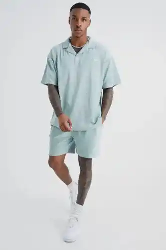 Boohoo Boohooman mens green oversized premium revere polo & short set, green offer