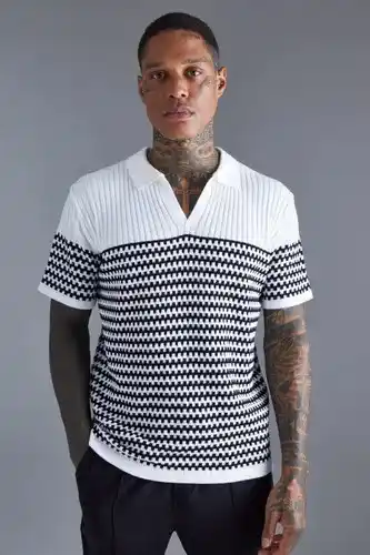 Boohoo Boohooman mens white v neck striped knitted polo, white offer