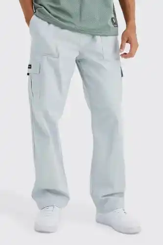 Boohoo Boohooman mens grey elastic waist relaxed ripstop cargo zip trouser, grey offer