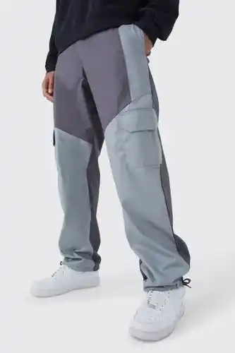 Boohoo Boohooman mens grey tall slim fit colour block cargo trouser with woven tab, grey offer