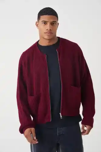 Boohoo Boohooman mens red oversized pleated knitted bomber, red offer