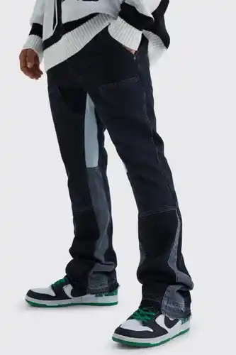 Boohoo Boohooman mens black slim rigid flare carpenter contrast gusset jean, black offer