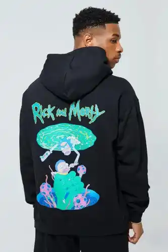 Boohoo Boohooman mens black oversized rick & morty license hoodie, black offer