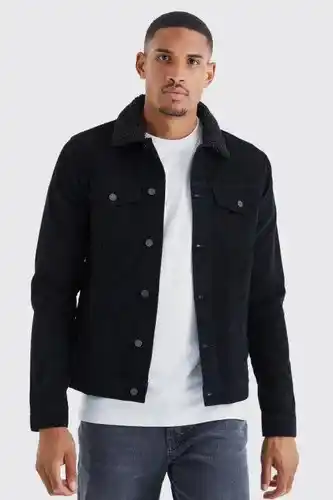 Boohoo Boohooman mens black tall regular fit cord jacket with borg collar, black offer