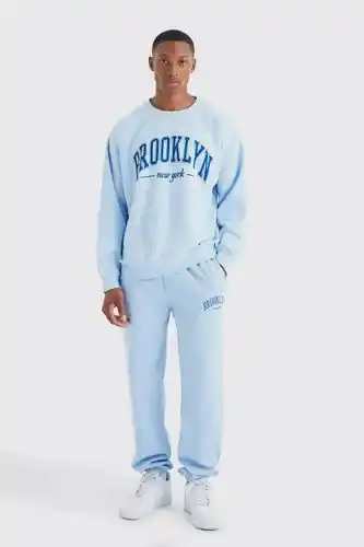 Boohoo Boohooman mens blue oversized brooklyn nyc sweat tracksuit, blue offer