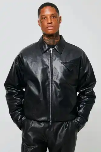 Boohoo Boohooman mens black boxy pu harrington, black offer