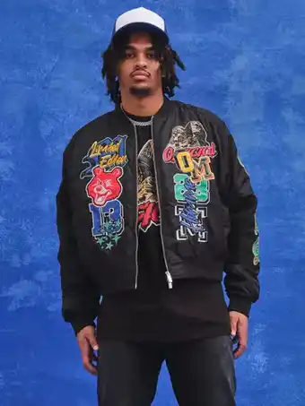 Boohoo Boohooman mens black boxy multi badge nylon bomber jacket, black offer