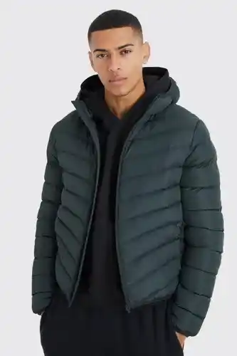 Boohoo Boohooman mens green quilted zip through puffer with hood, green offer