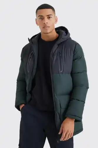 Boohoo Boohooman mens green colour block longline puffer with zips, green offer